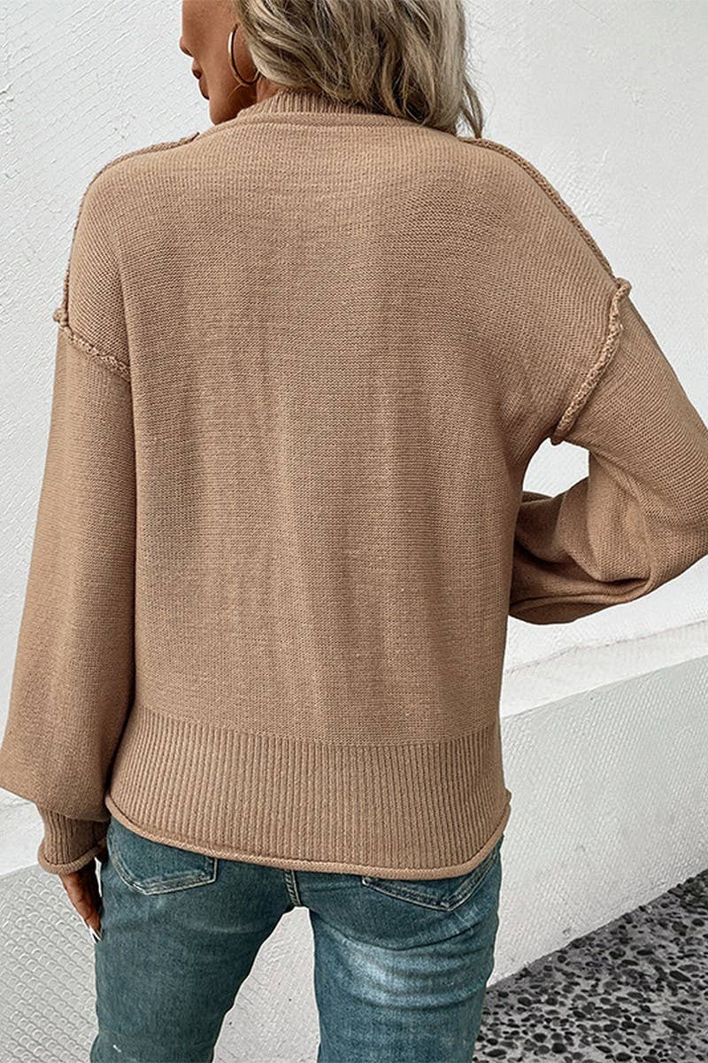 WOMEN SOLID COLOR CREW NECK POCKET SWEATER_CWOSWL1510: KHAKI