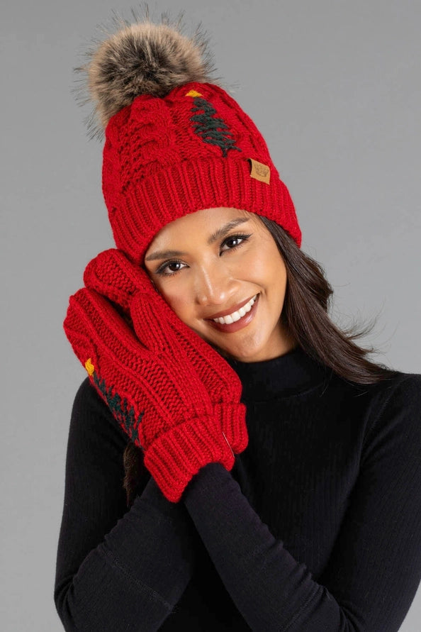 M-622 Red Cable Knit Mittens w/ Tree
