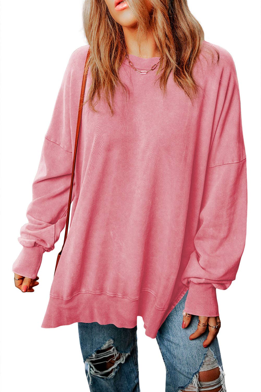 Pink Drop Shoulder Ribbed Trim Oversized Sweatshirt: Pink / M / 75%Polyester+25%Cotton