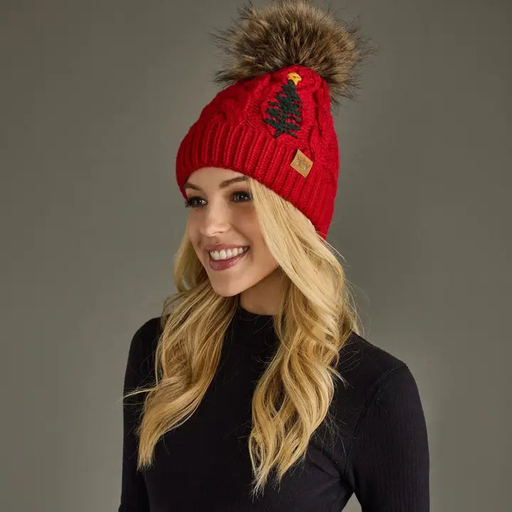 H-903 Red Cable Knit Hat with Tree
