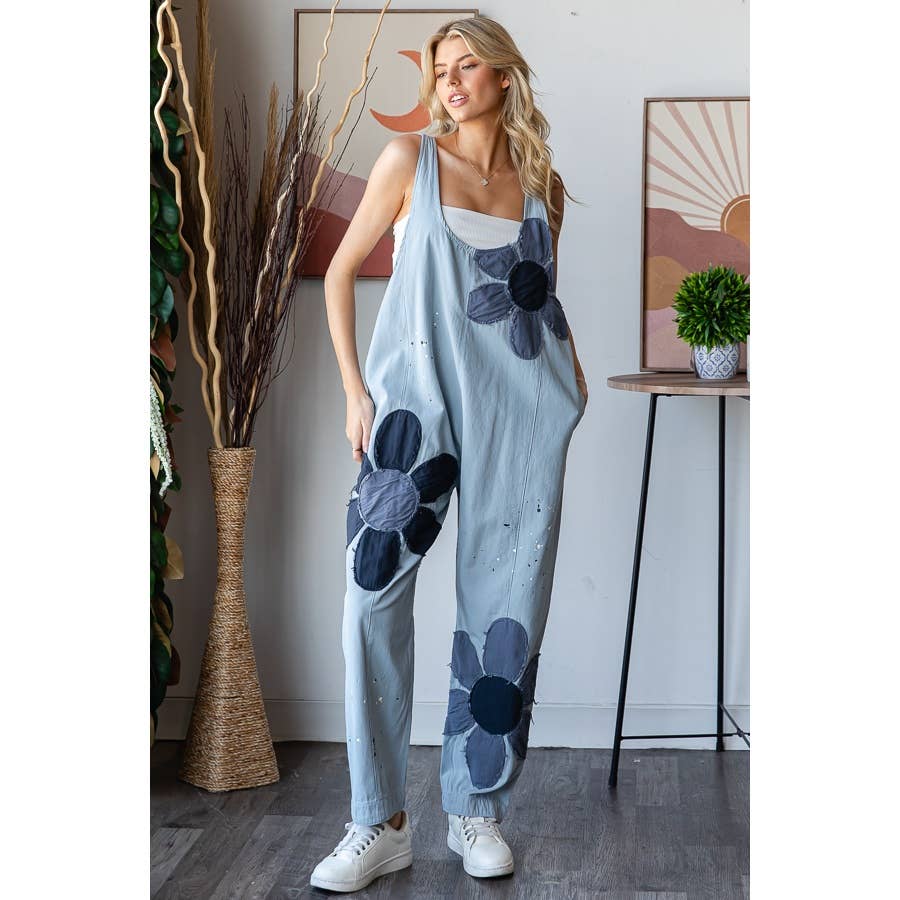 WASHED BIG FLOWER PATCHWORK OVERALL