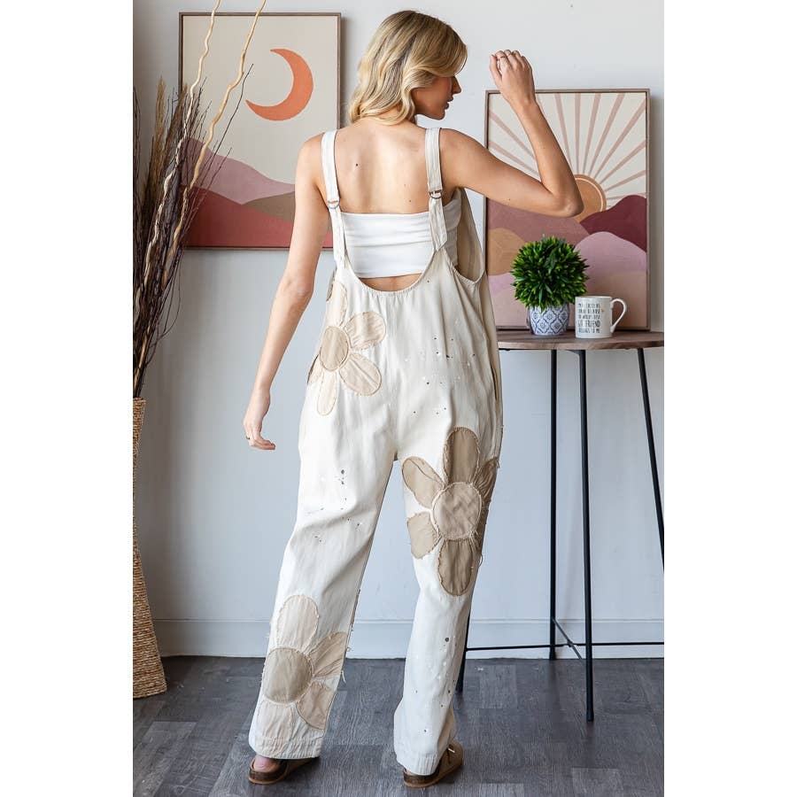 WASHED BIG FLOWER PATCHWORK OVERALL
