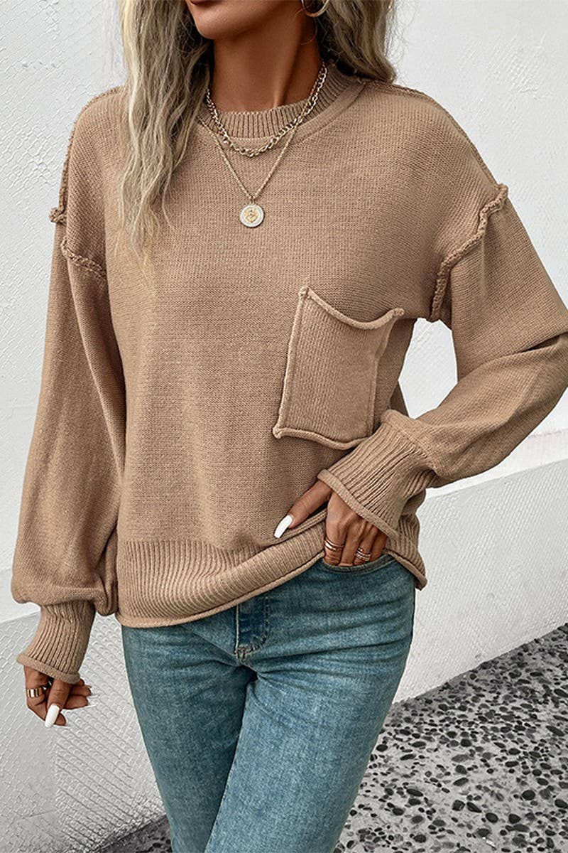 WOMEN SOLID COLOR CREW NECK POCKET SWEATER_CWOSWL1510: KHAKI