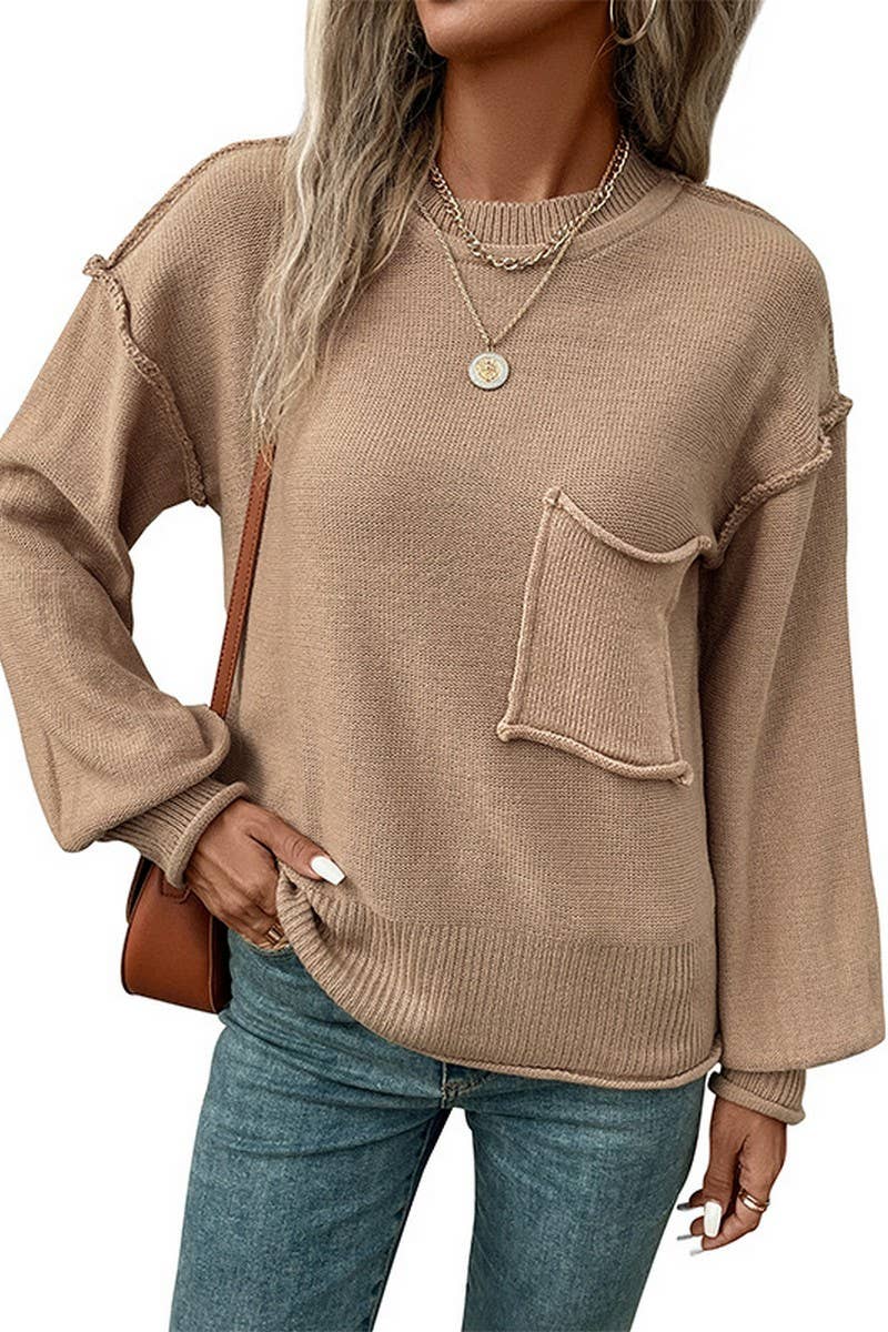 WOMEN SOLID COLOR CREW NECK POCKET SWEATER_CWOSWL1510: KHAKI