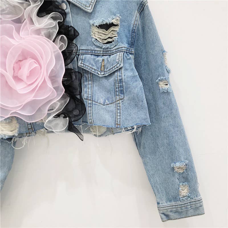 JK141 Mesh Patchwork Ripped Design Short Denim Jacket