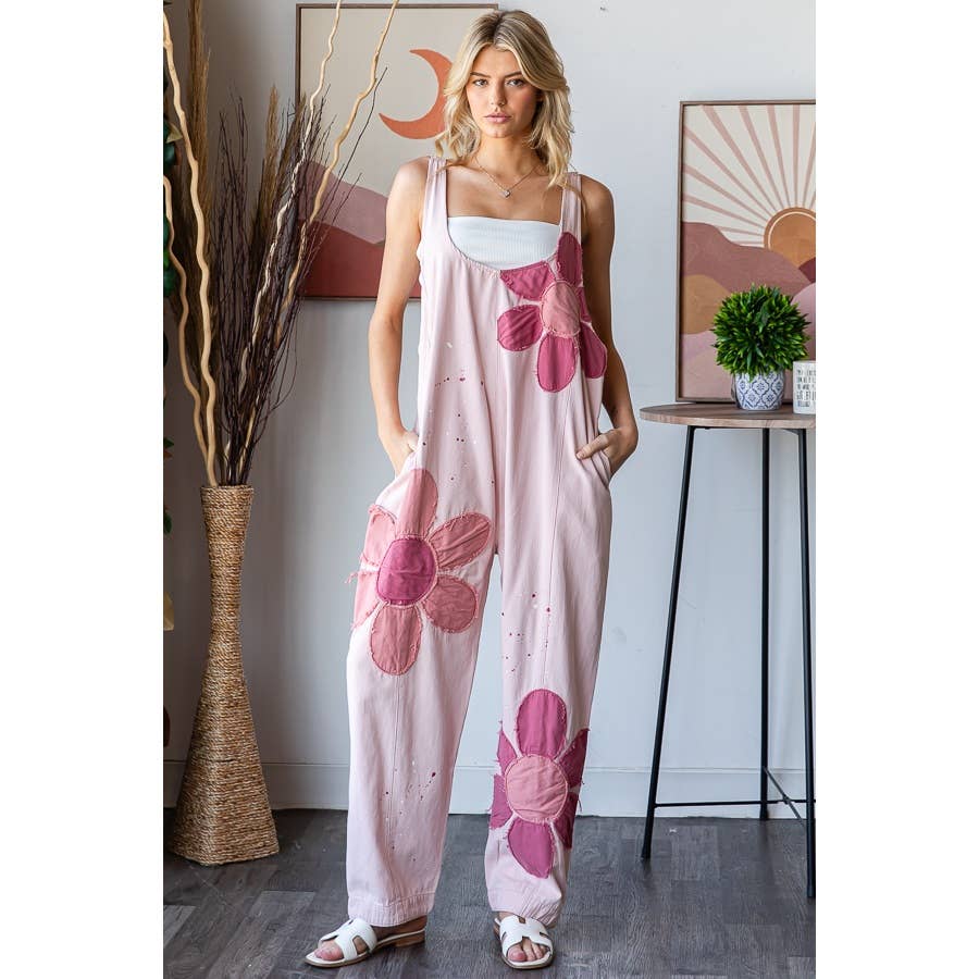 WASHED BIG FLOWER PATCHWORK OVERALL