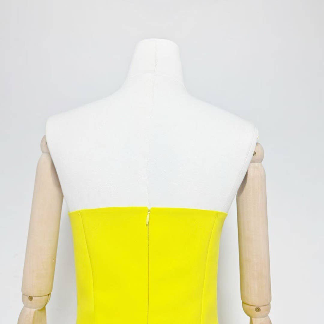 47Y Yellow Retro Tube Top Dress with 3D Floral Embroidery