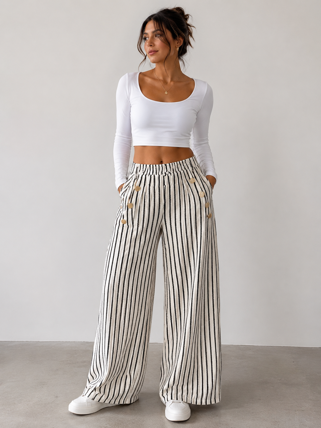 P7611 Cream/Blk Striped Pants