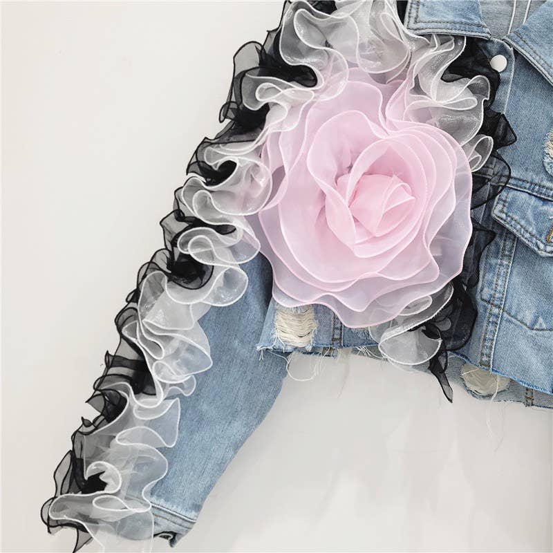 JK141 Mesh Patchwork Ripped Design Short Denim Jacket