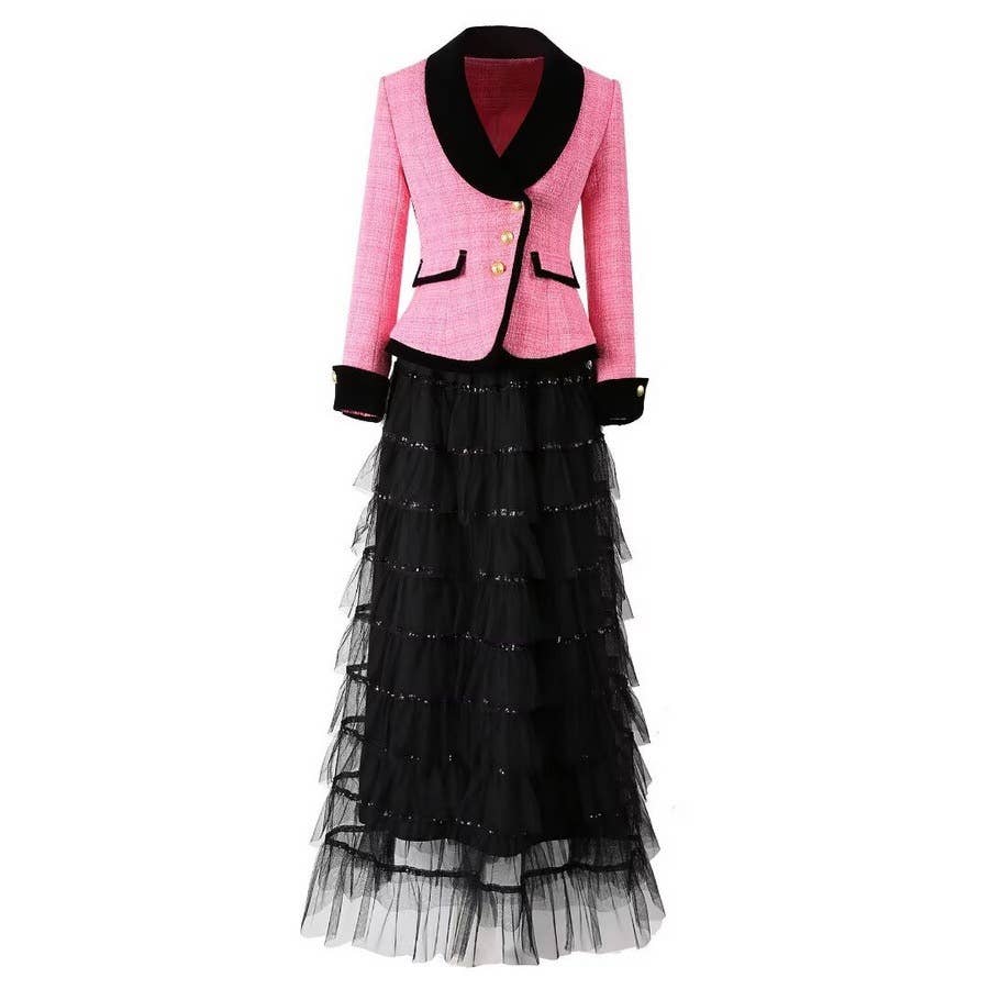 SY314 Elegant Tweed Jacket with Mesh Sequined Maxi Skirt
