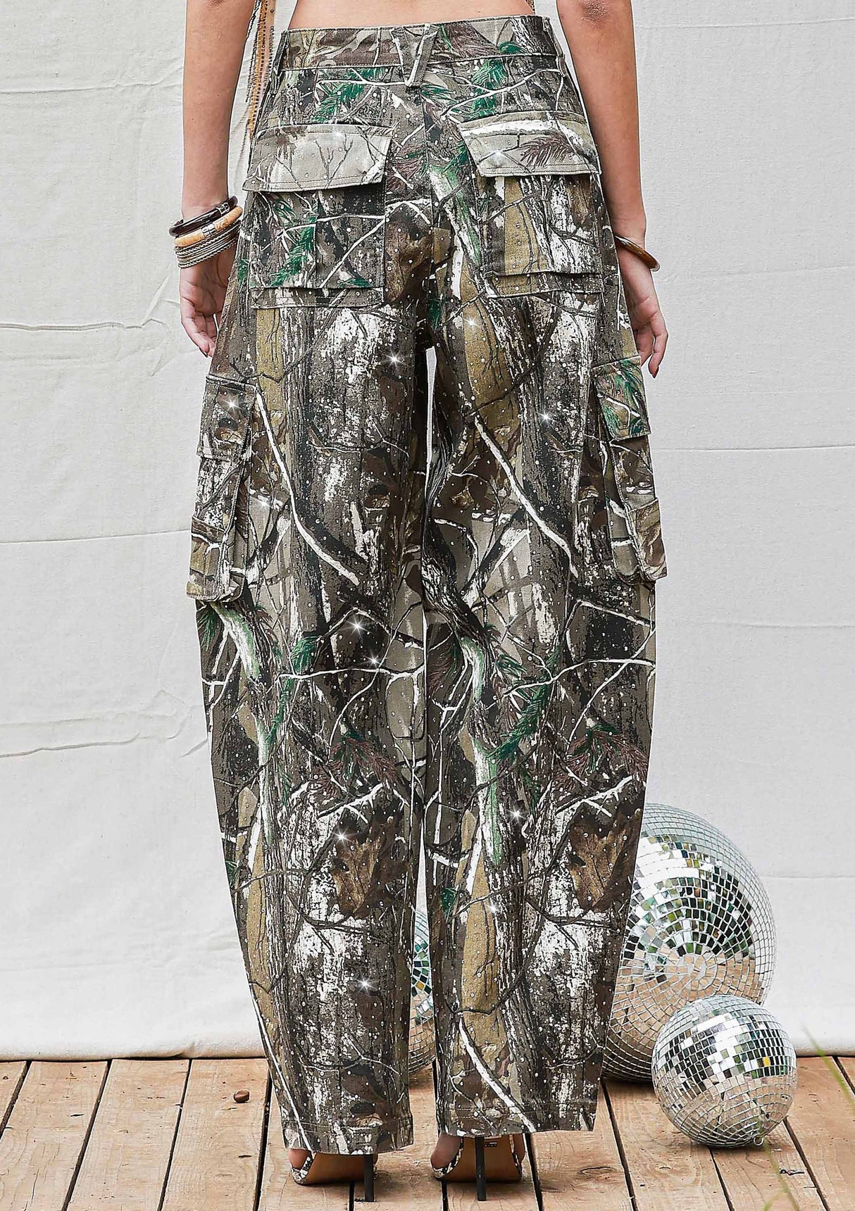 Rhinestone Camo Print Baggy Barrel Jeans