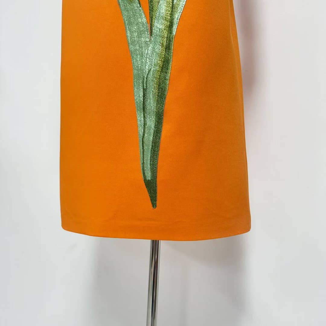 47Y Yellow Retro Tube Top Dress with 3D Floral Embroidery