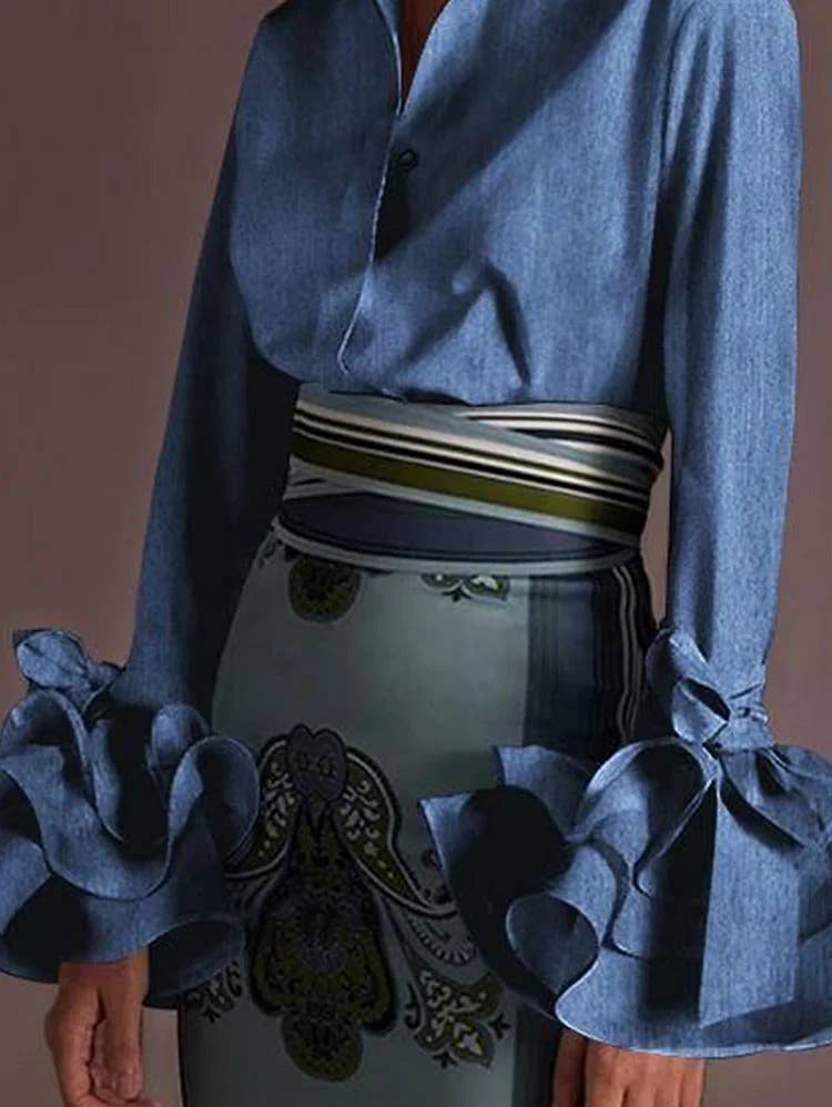 V neck long sleeve flower hem blouse