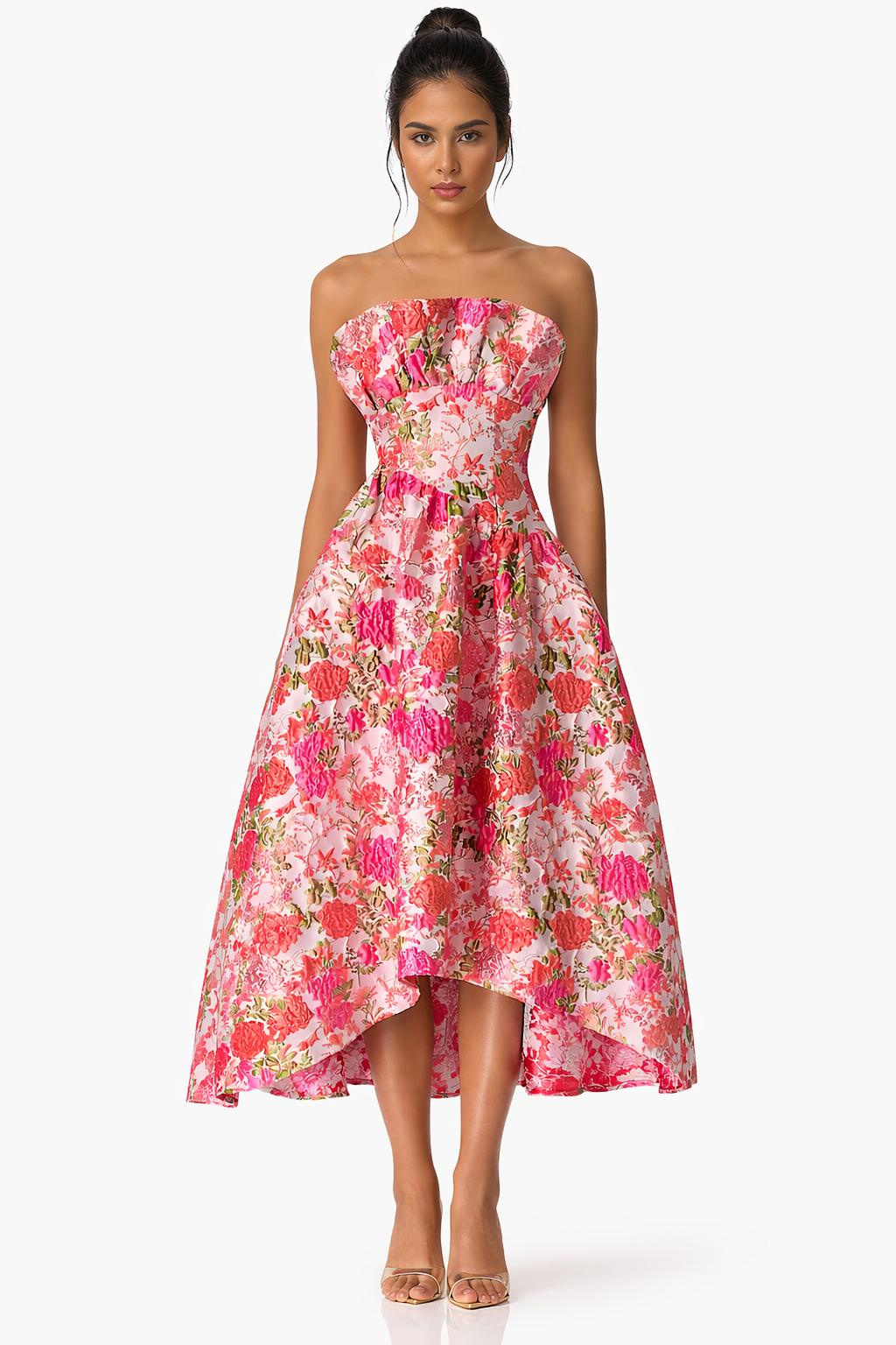 PS15 Pink Floral Jacquard Strapless High-Low Midi Dress