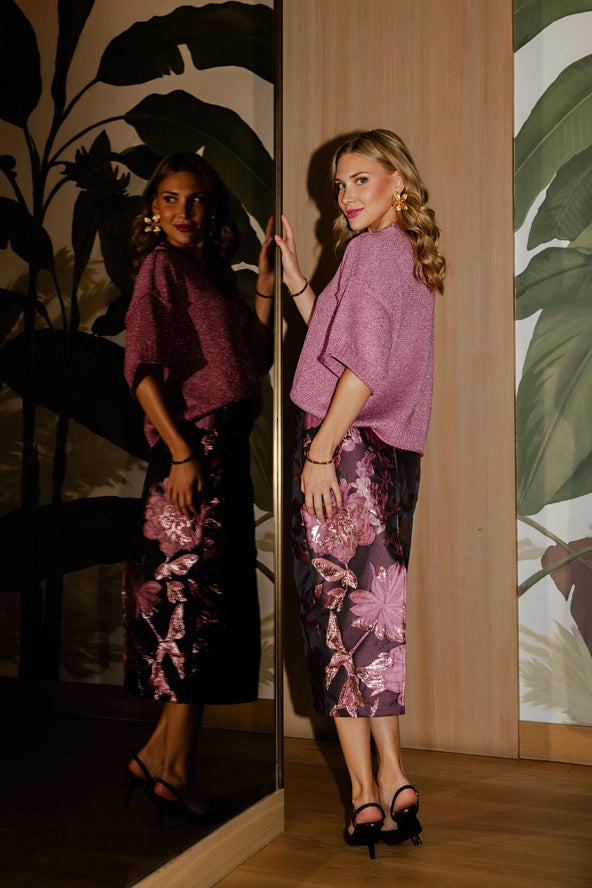 S8609 Metallic Floral Jacquard Pencil Skirt