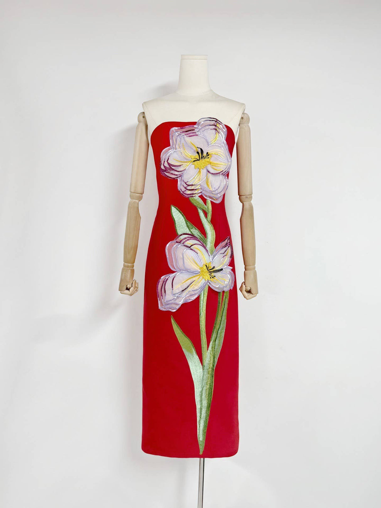 47Y Yellow Retro Tube Top Dress with 3D Floral Embroidery