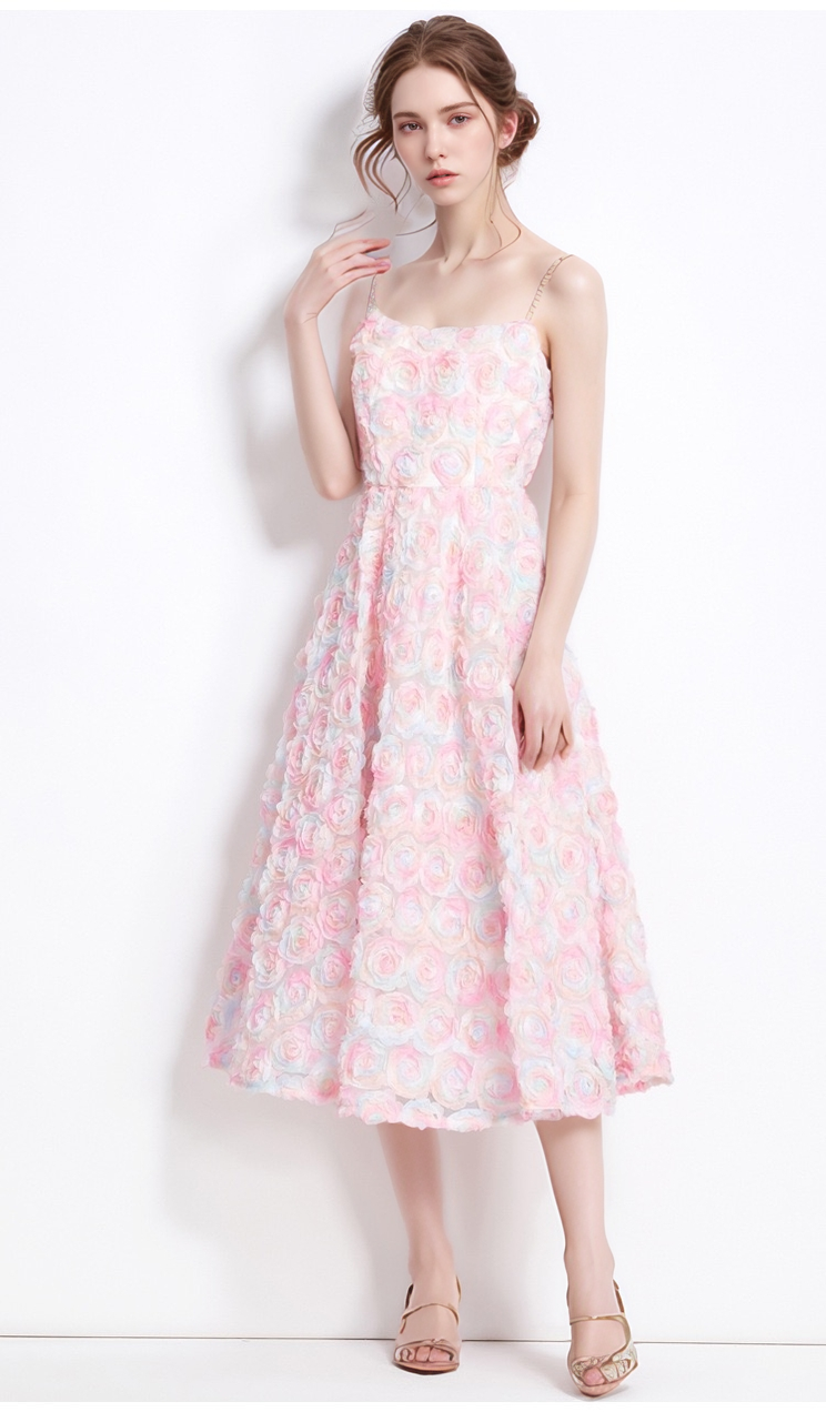 DR508 3D Rose Lace Pink Off-shoulder Holiday Suspender Dress