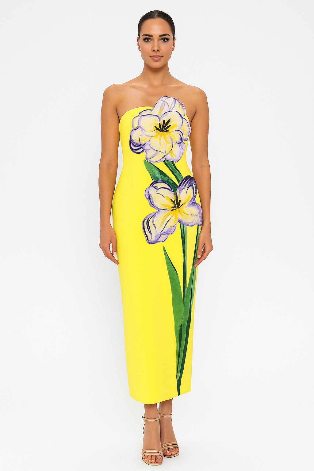 47Y Yellow Retro Tube Top Dress with 3D Floral Embroidery