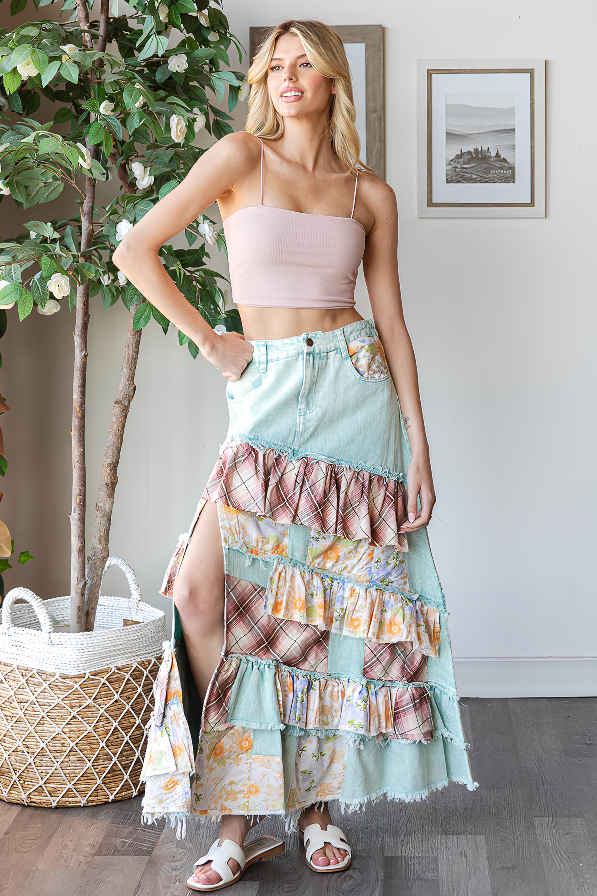 BP1021 WASHED MIX PRINT RUFFLE SKIRT