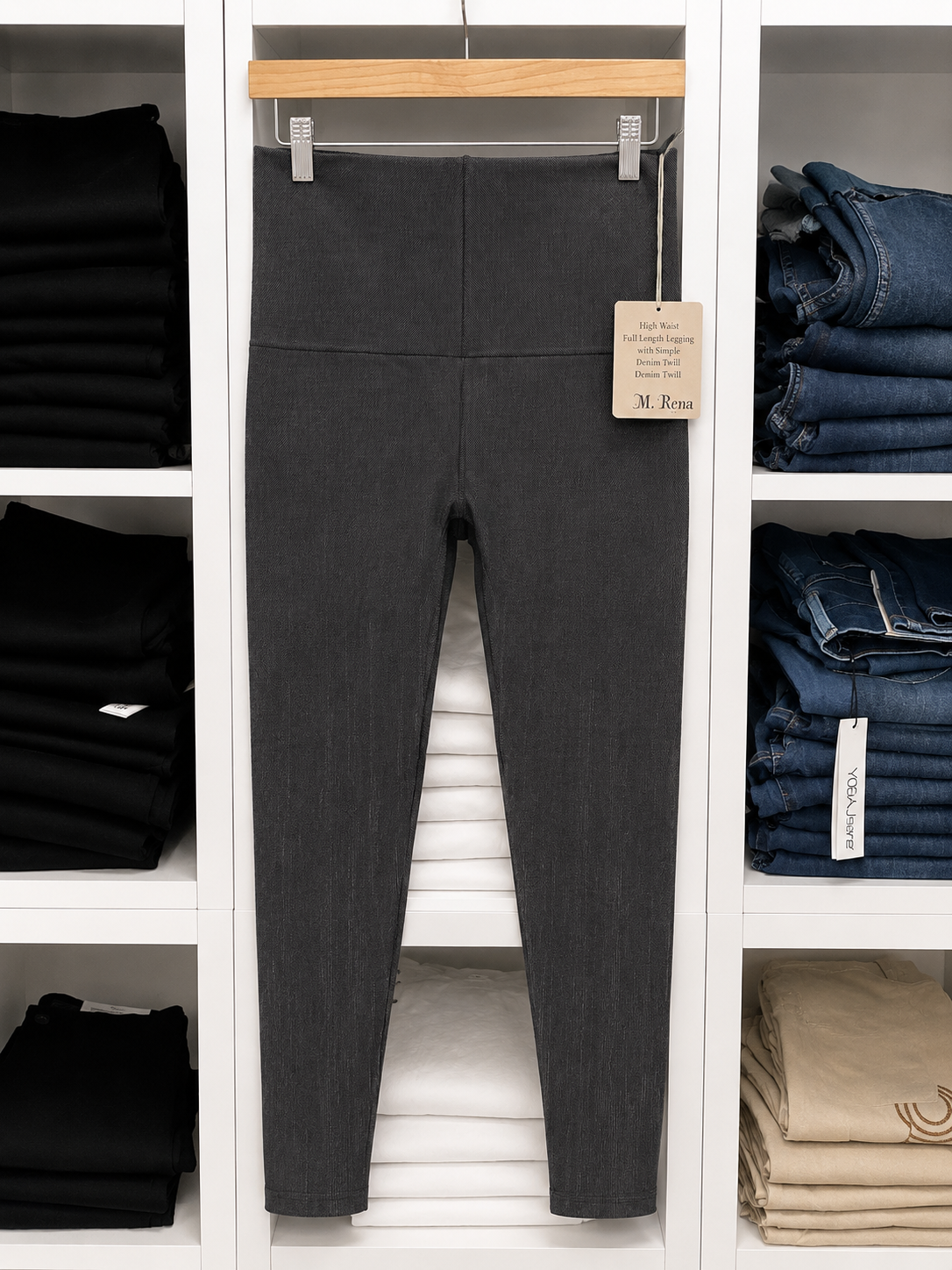 B4292GP High Waist Full Length Legging with Simple Pinstripes-Charcoal