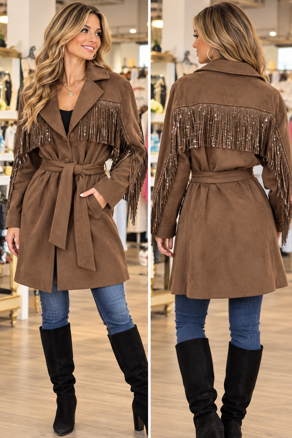96179 Hot Fix Fringe Faux Suede Dress/Jacket
