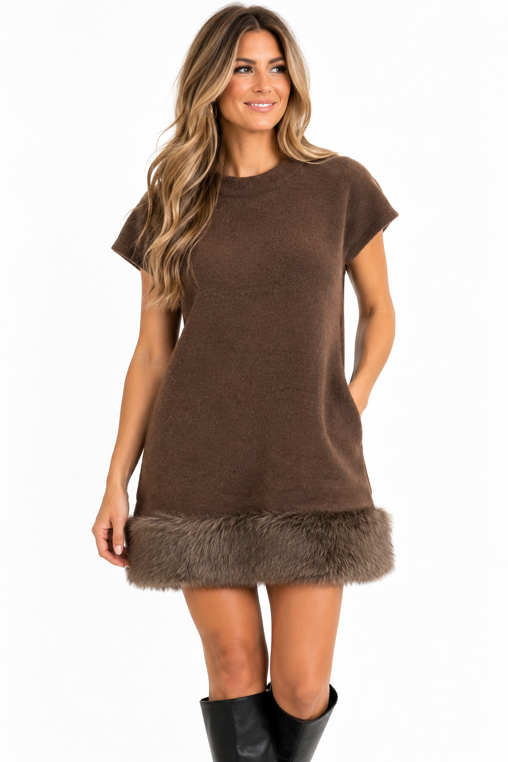 D7417 Faux Fur Mini Dress