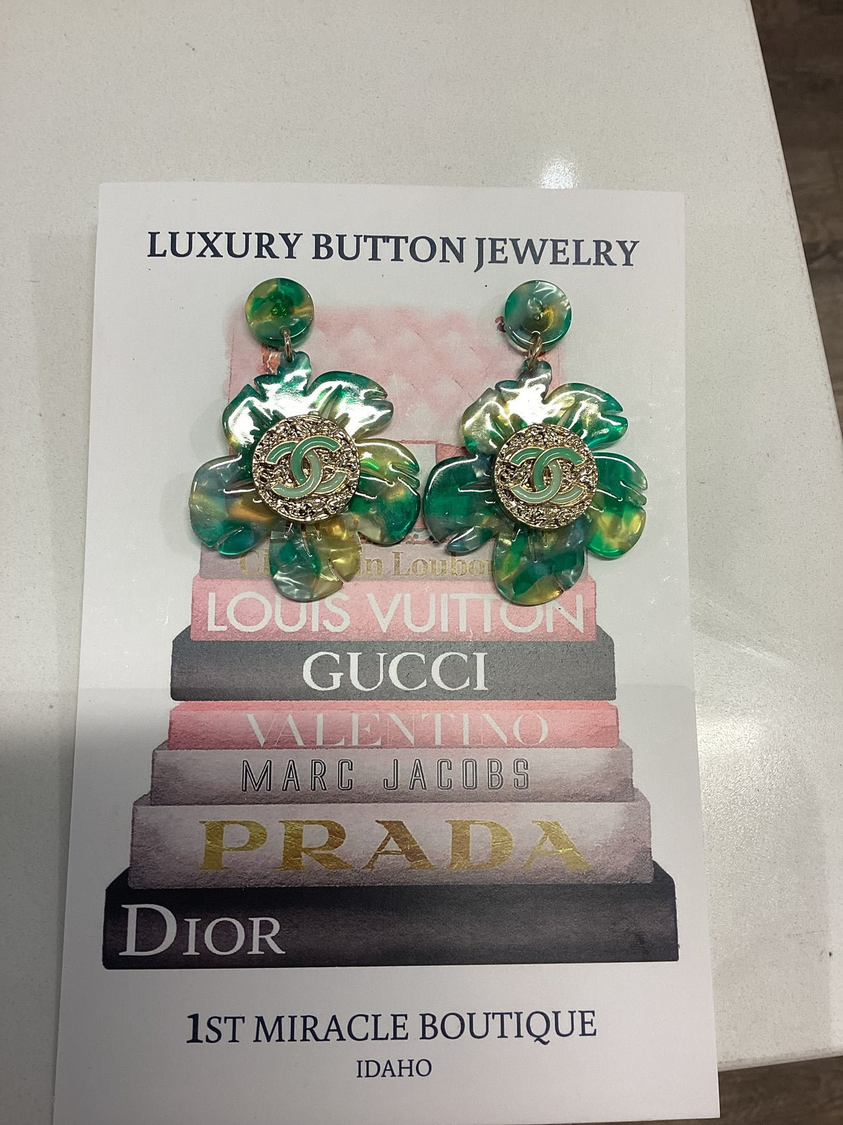 23H Earrings Green Lucite Flowers/Dangles