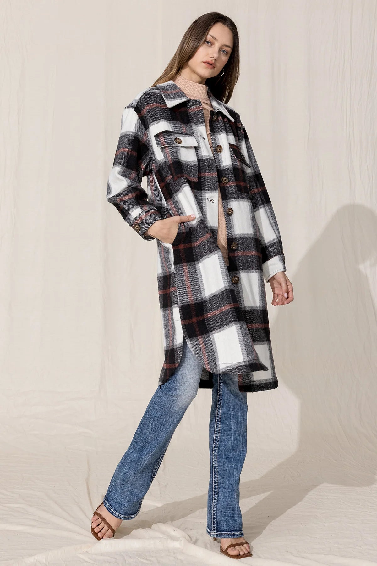 MJ0268L-Multi blk-Oversized Plaid Coat by Miss Me