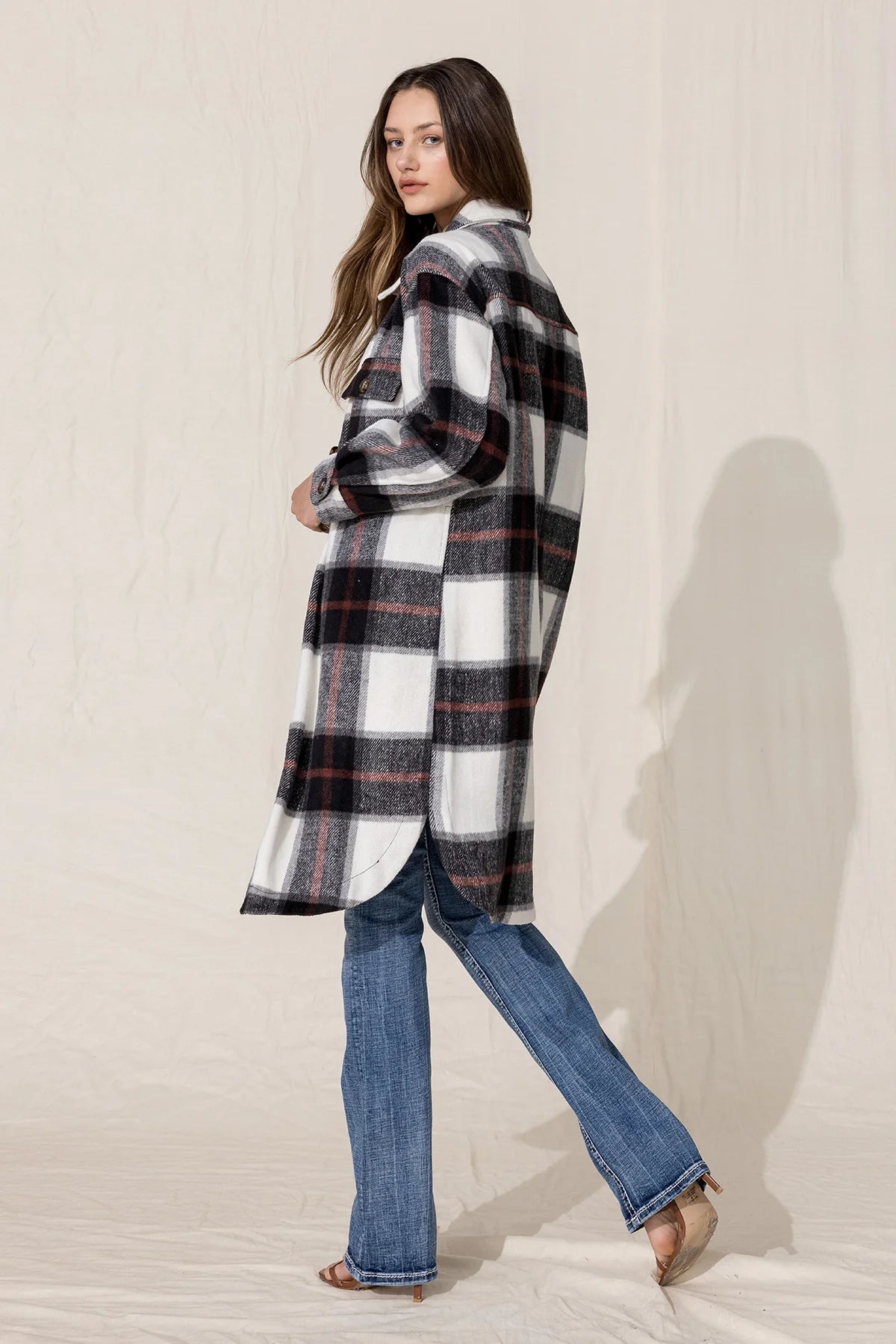 MJ0268L-Multi blk-Oversized Plaid Coat by Miss Me