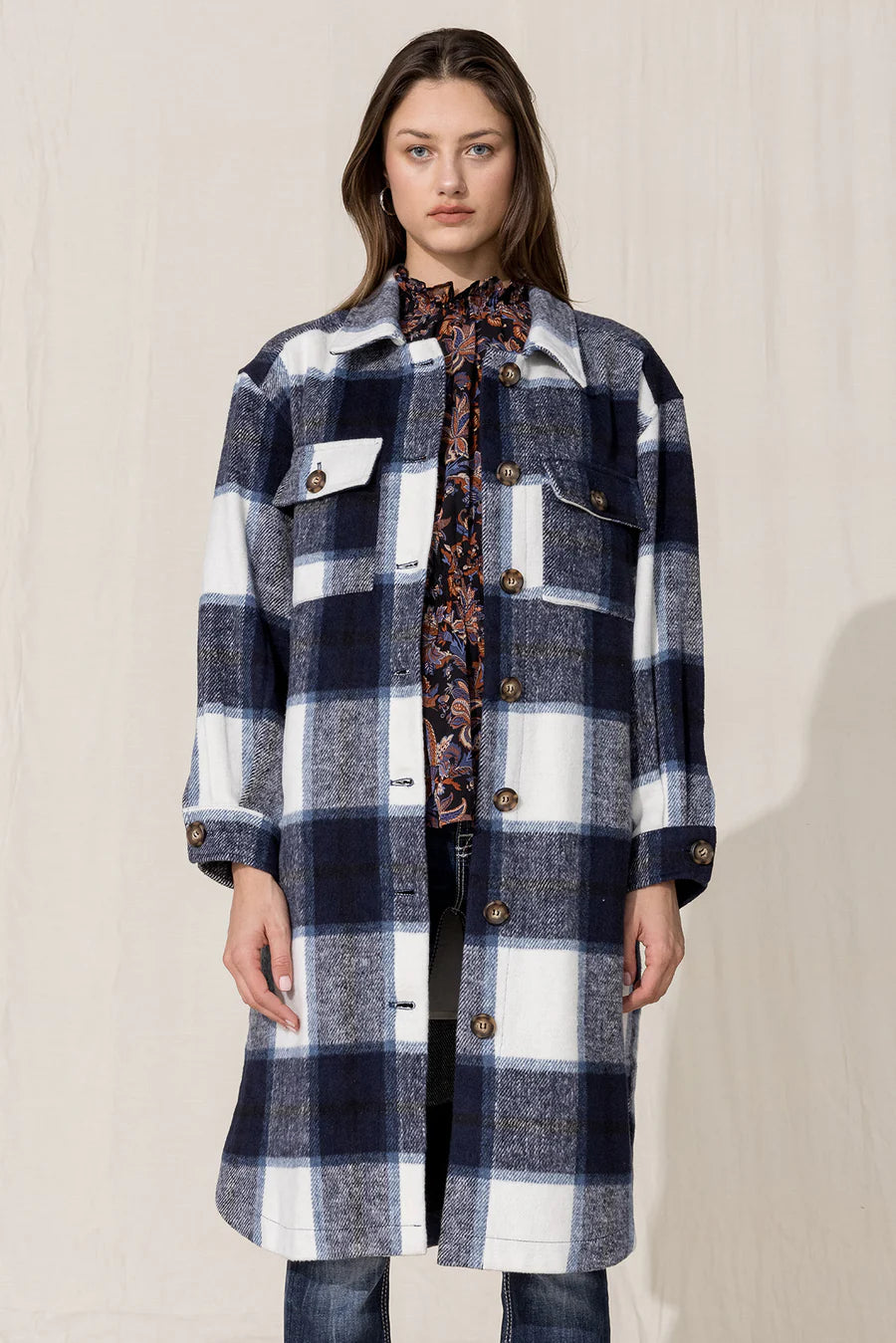 MJ0268L-Multi blk-Oversized Plaid Coat by Miss Me