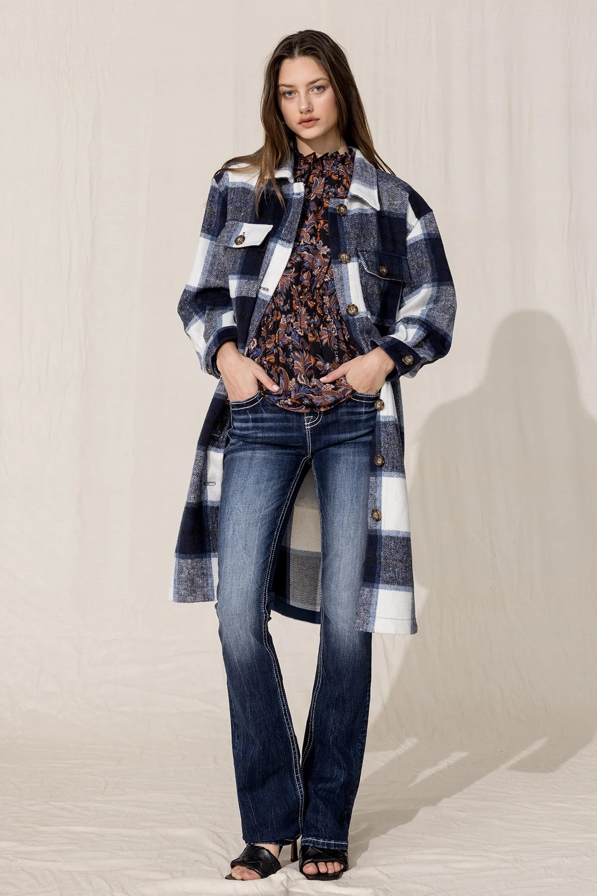 MJ0268L-Multi blk-Oversized Plaid Coat by Miss Me