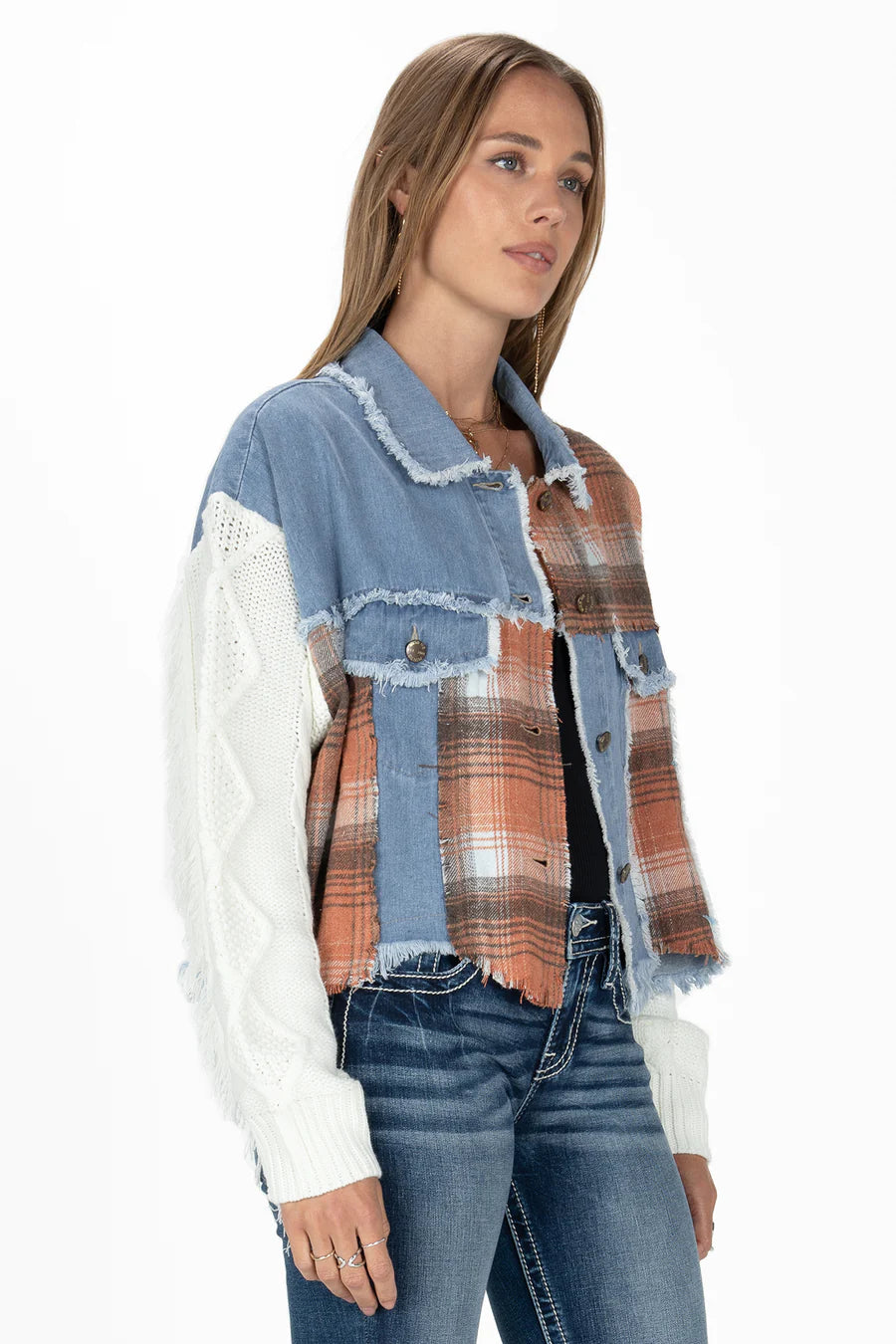 MJ0486L Denim Jacket w/ Plaid contrast and Knit Sleeves by Miss Me
