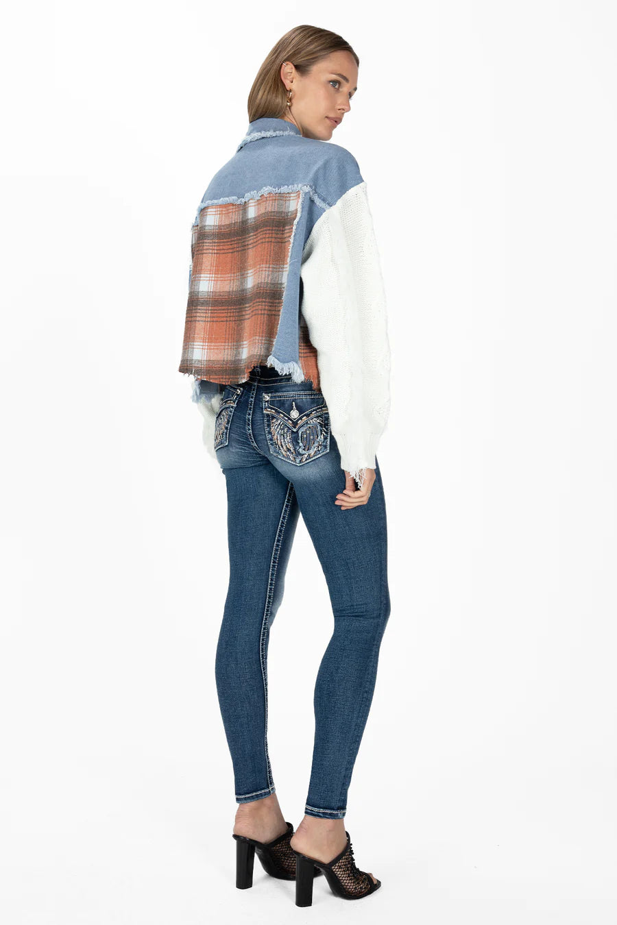MJ0486L Denim Jacket w/ Plaid contrast and Knit Sleeves by Miss Me