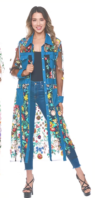 FLB-001 FLORAL BLISS BLACK DENIM LONG JACKET