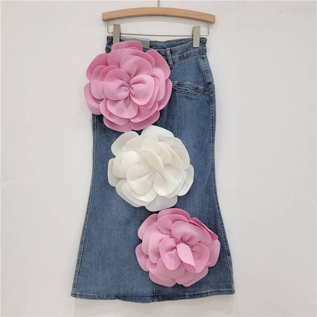 SK061Y High Waist  Denim Skirt with 3D Pink Flower Accents