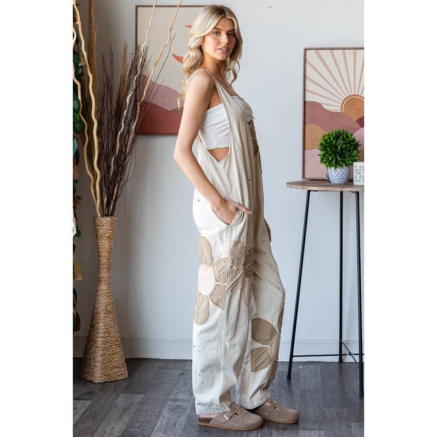 WASHED BIG FLOWER PATCHWORK OVERALL