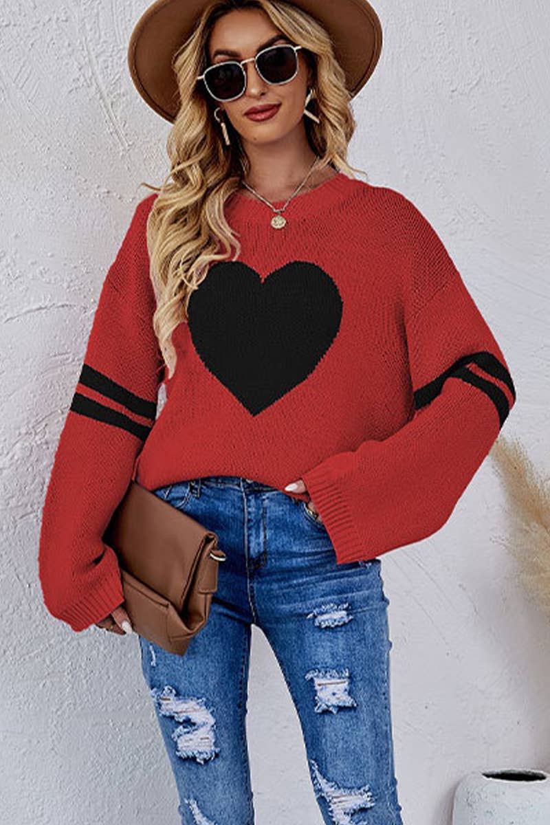 Valentine's Day color match heart peach crew-neck sweater