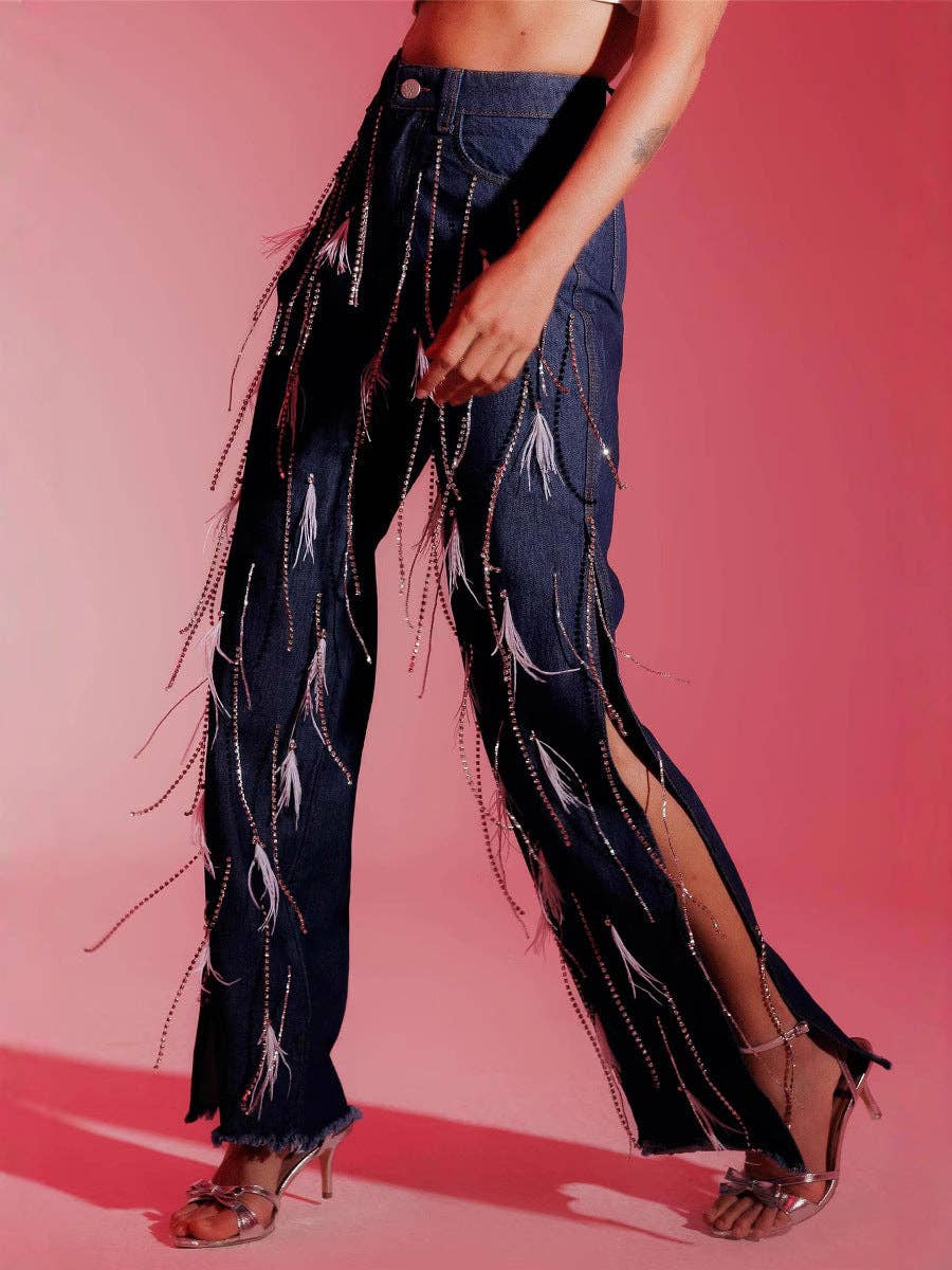 Women Fashion Feather Tassel Split Jeans