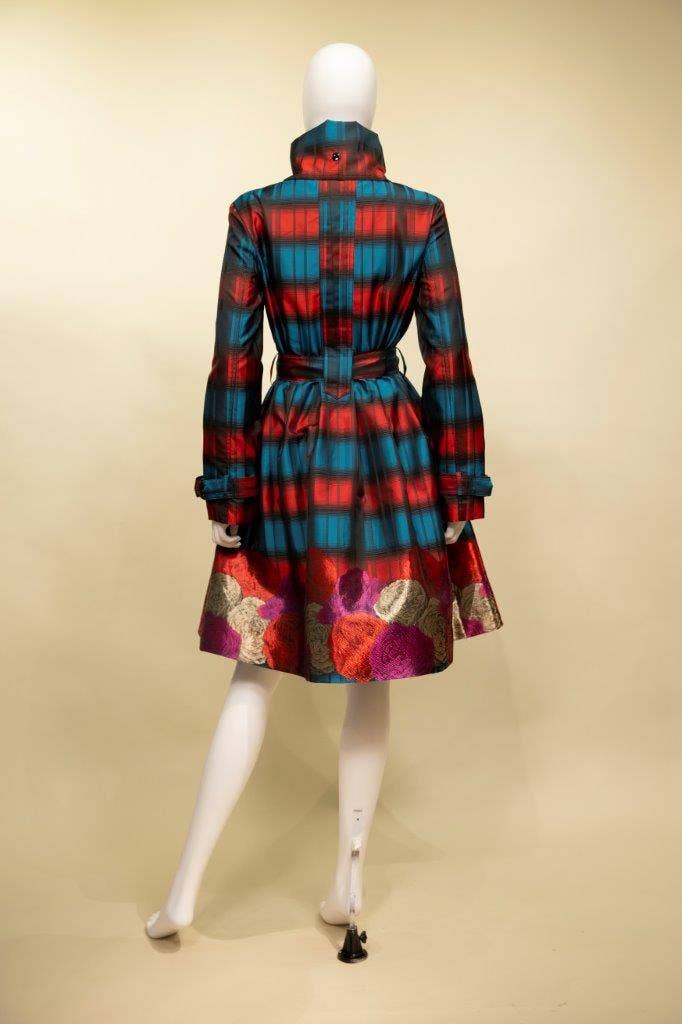 Yarn-Dyed Plaid & Floral Brocade Dress-Coat Pocket - 17244