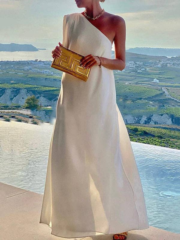 Loose Asym Solid Split One-Shoulder Maxi