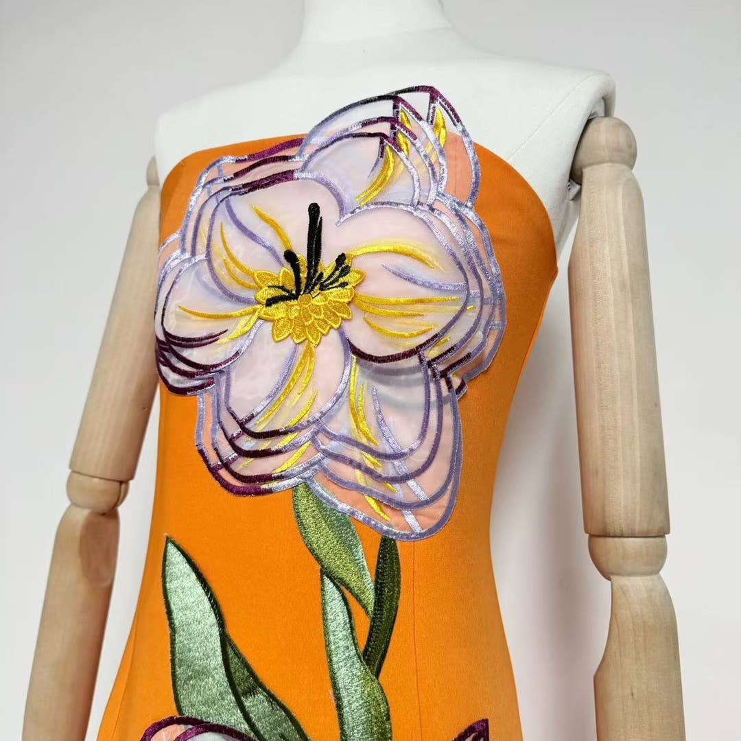 47Y Yellow Retro Tube Top Dress with 3D Floral Embroidery