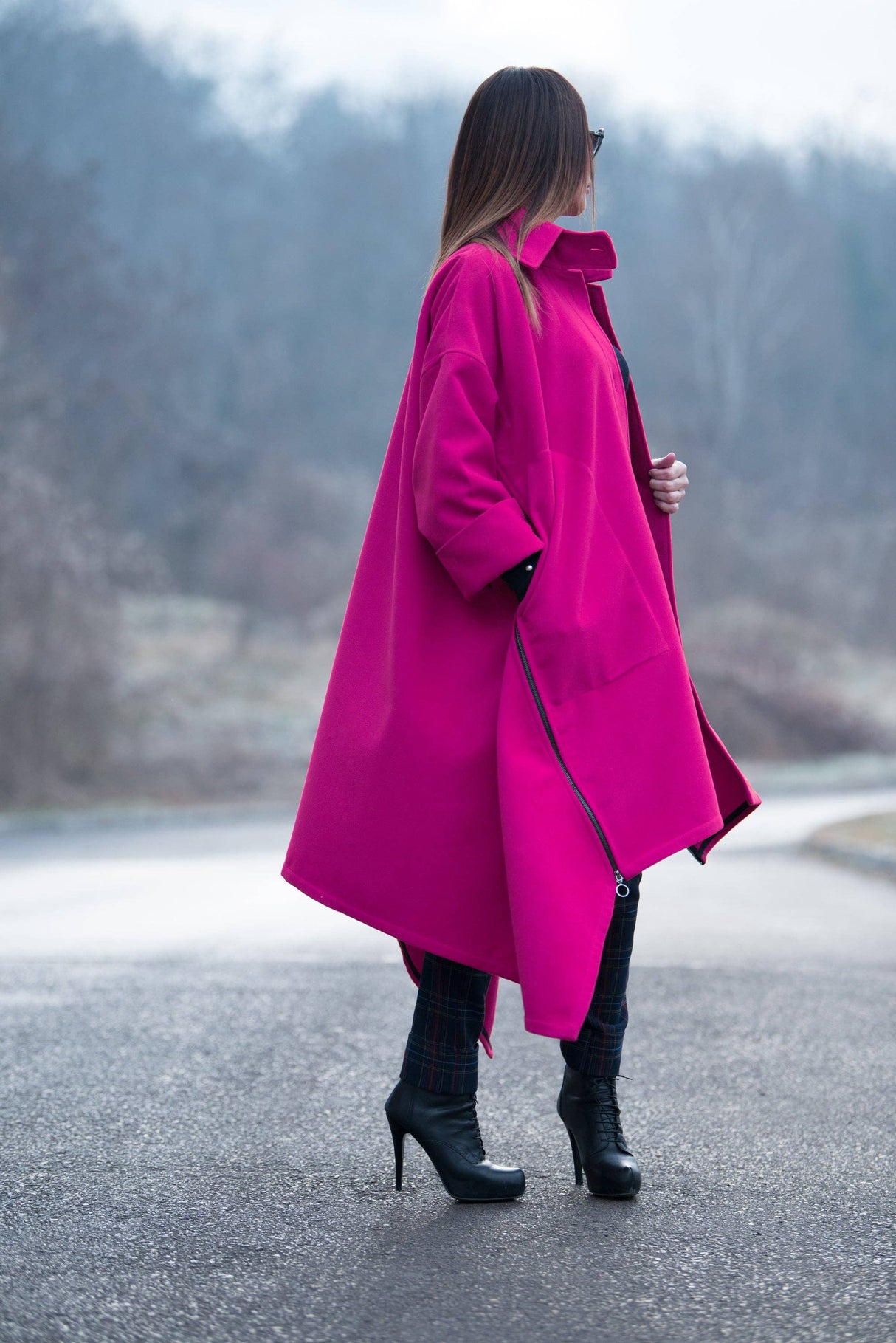 Hot Pink Women Loose Winter Coat Federica