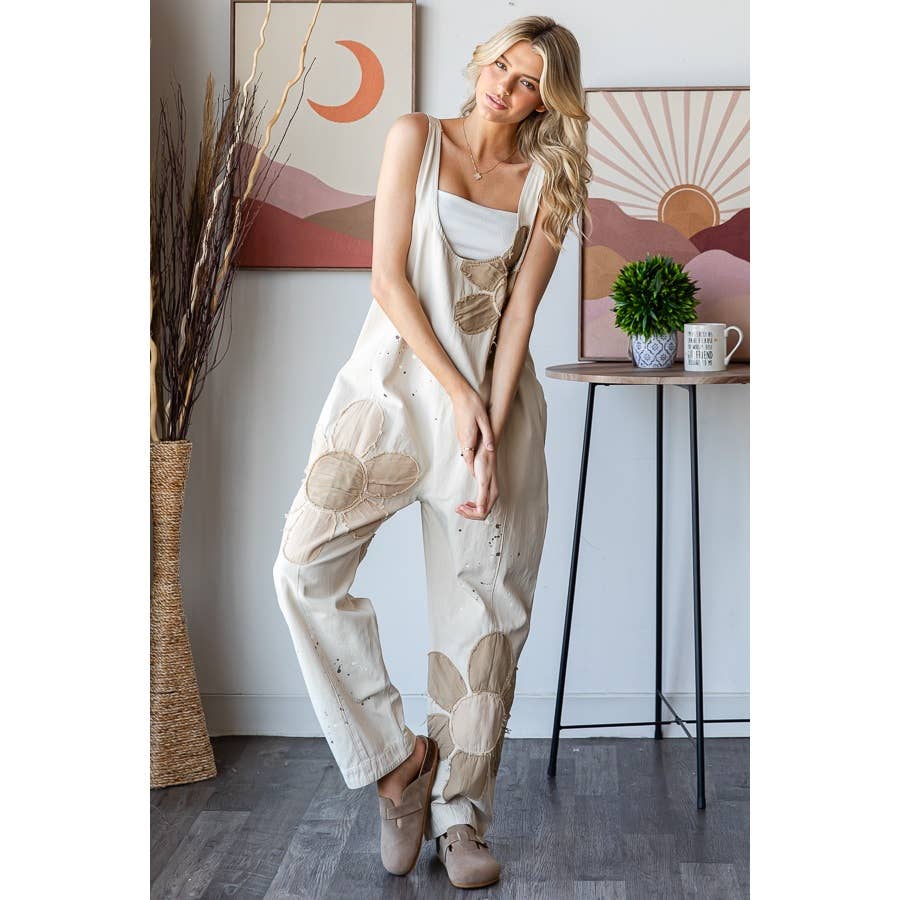 WASHED BIG FLOWER PATCHWORK OVERALL