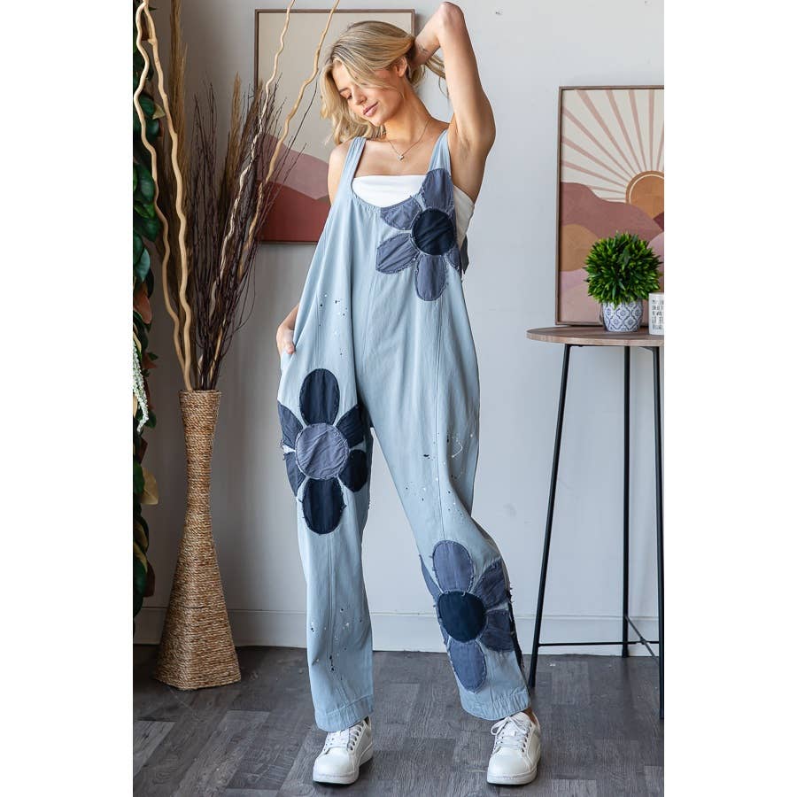 WASHED BIG FLOWER PATCHWORK OVERALL