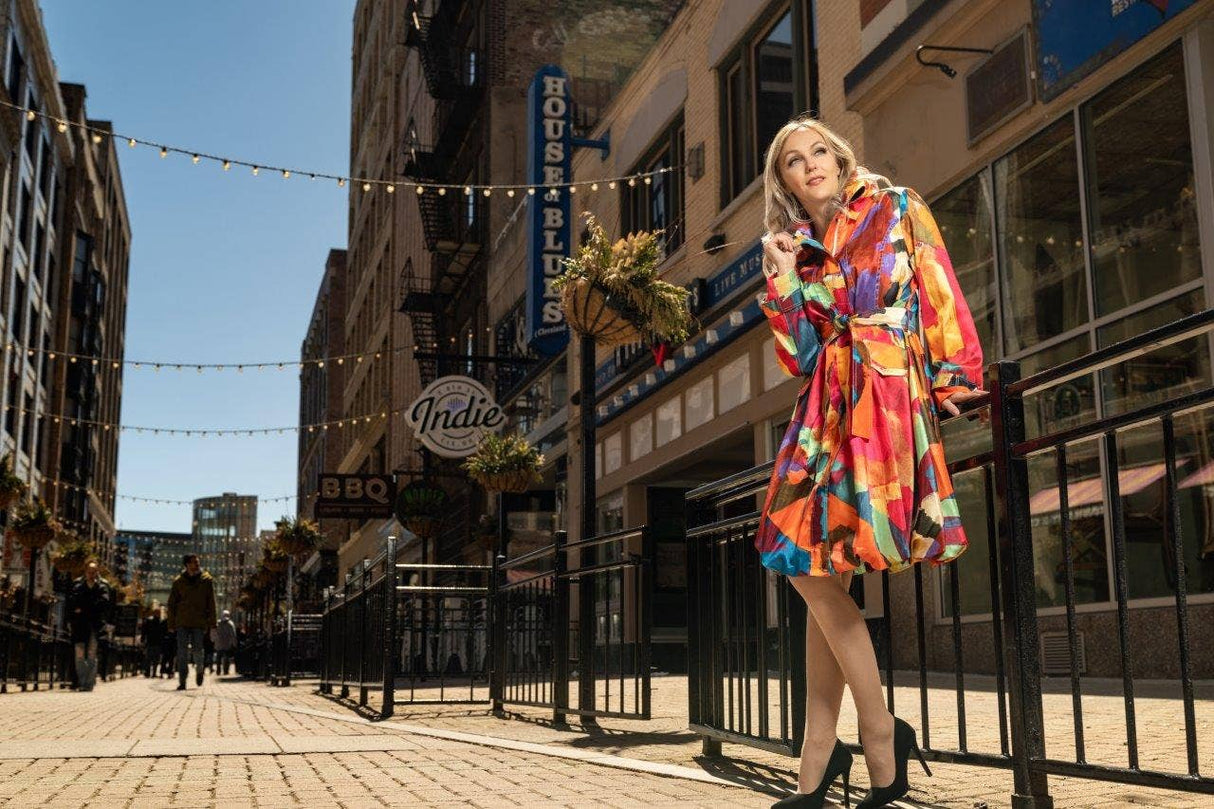 Printed Dupioni Bubble Coat Dress Fully Lined Zipper - 11665