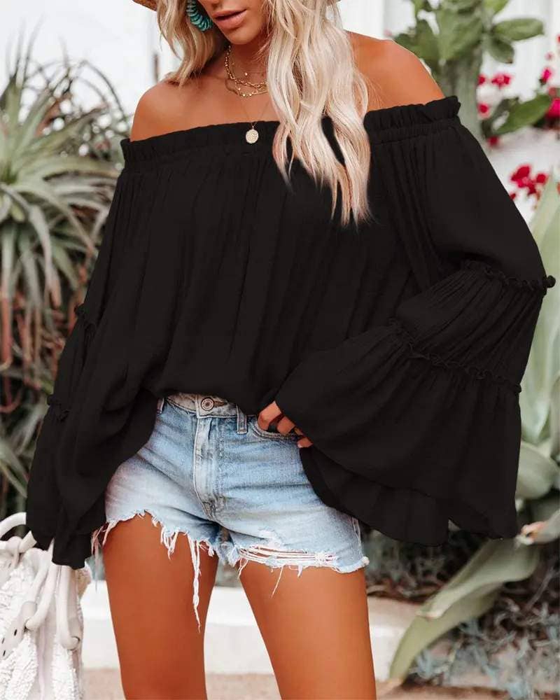 Frill hem off shoulder bell sleeve top