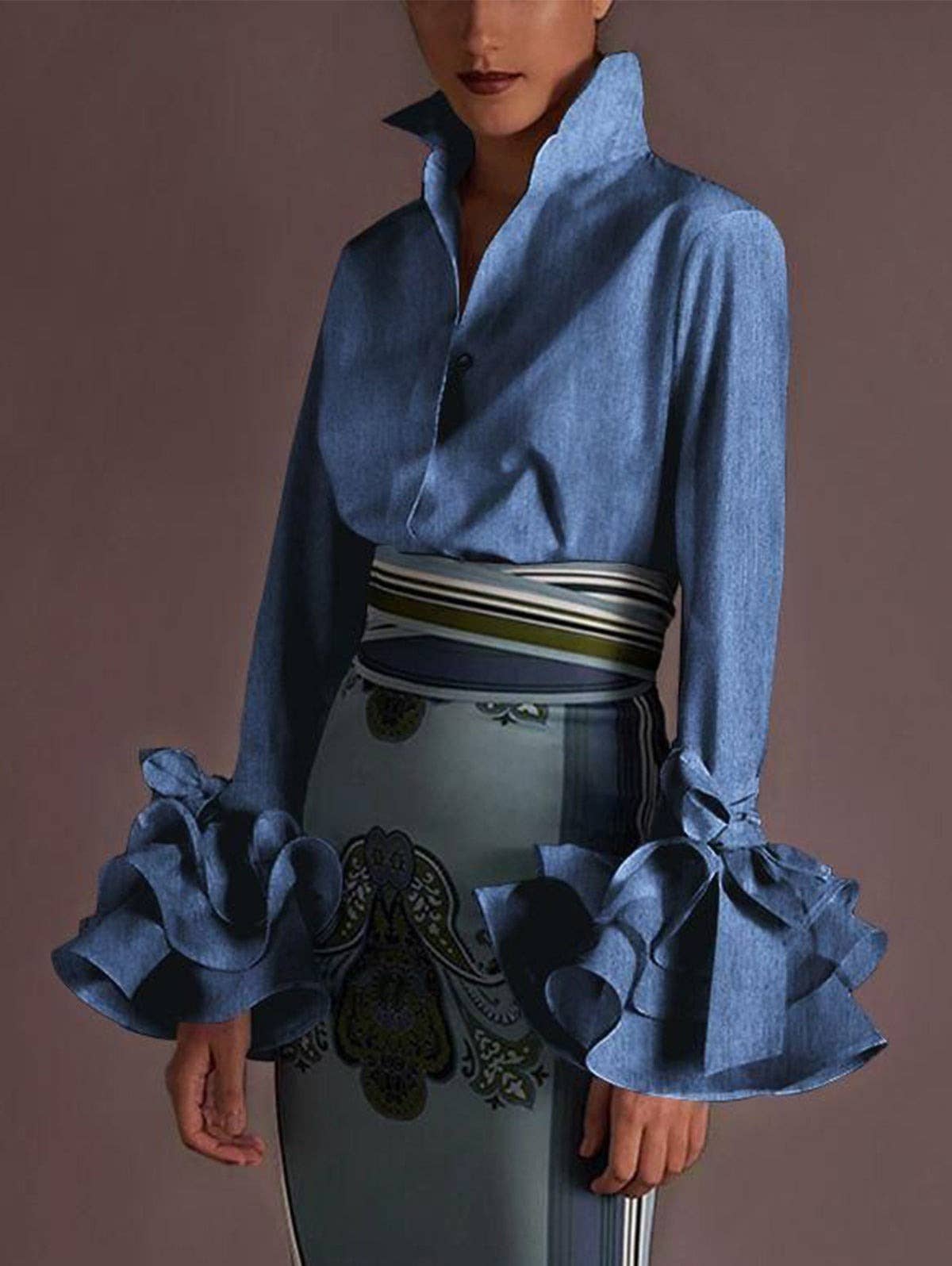 V neck long sleeve flower hem blouse