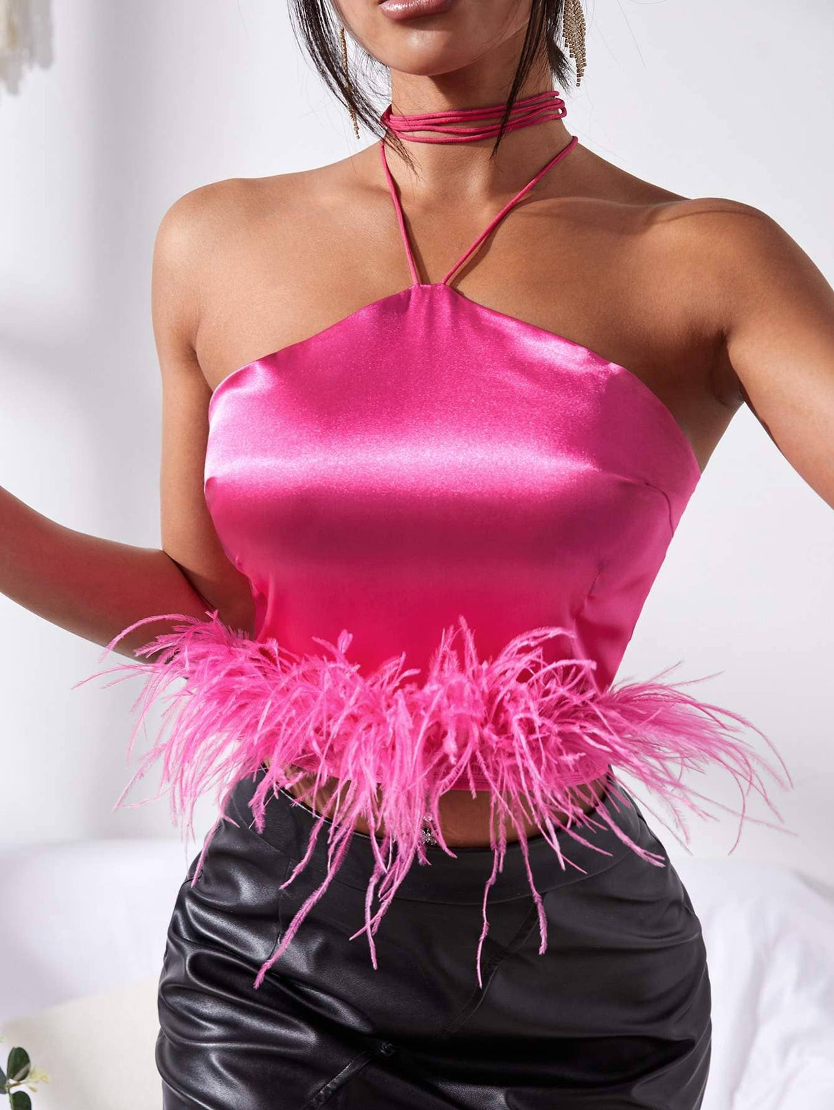 Halter neck fuzzy trim satin crop top