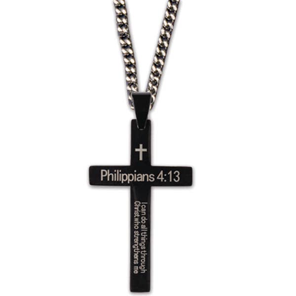 Stainless Steel Cross/”I Can Do All Things” Necklace, 1¾"