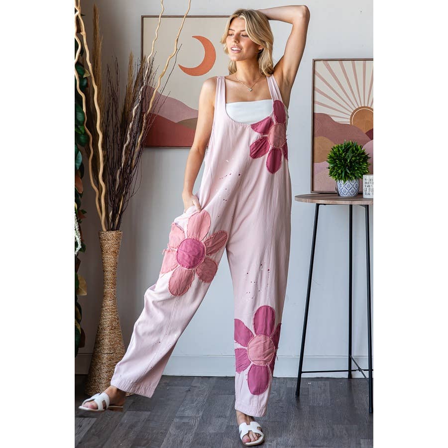 WASHED BIG FLOWER PATCHWORK OVERALL